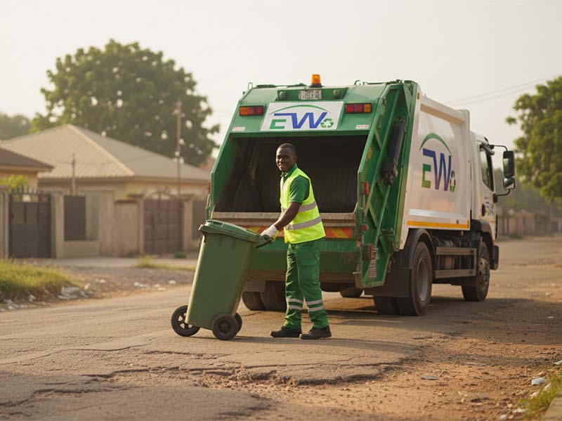 Embah Waste worker collecting waste bin at residential curbside